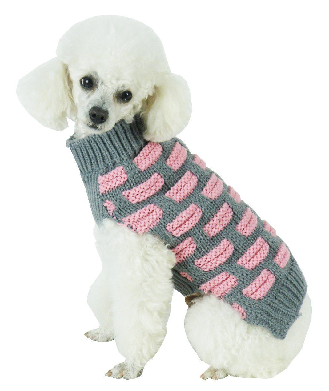 Pet Life ® Fashion Weaved Heavy Knit Designer Ribbed Turtle Neck Dog Sweater Pink And Grey