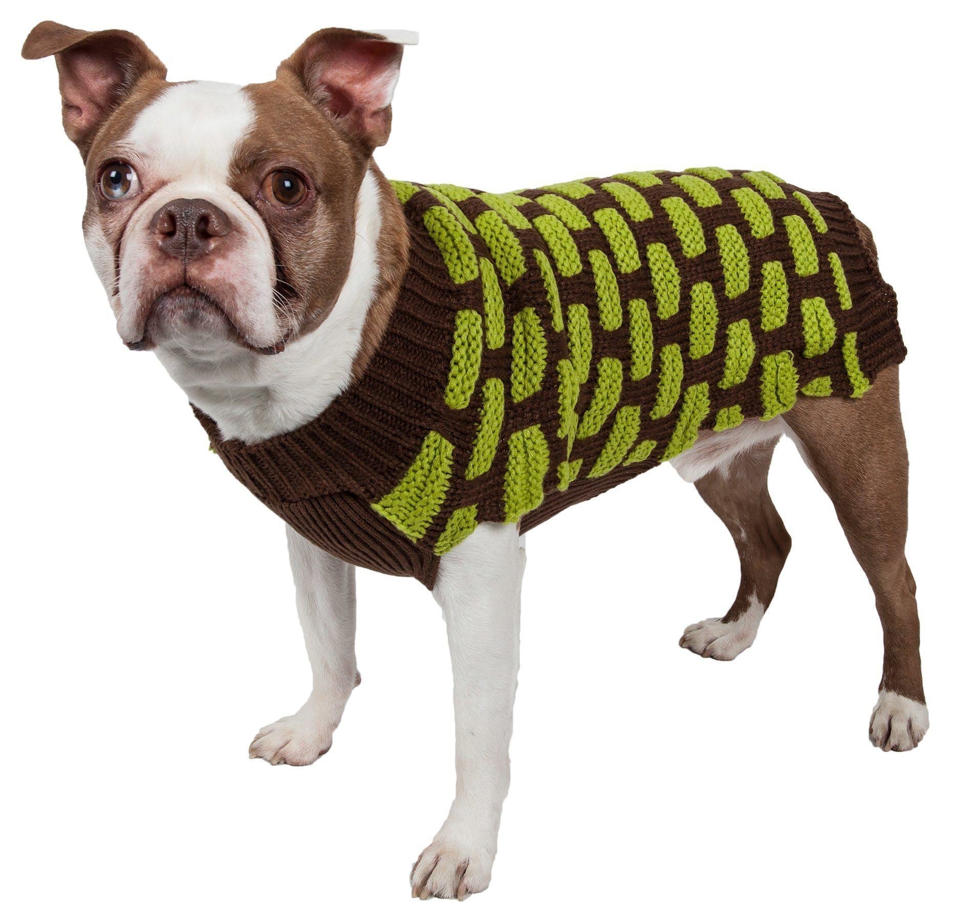 Pet Life ® Fashion Weaved Heavy Knit Designer Ribbed Turtle Neck Dog Sweater Choco Brown And Neon Green