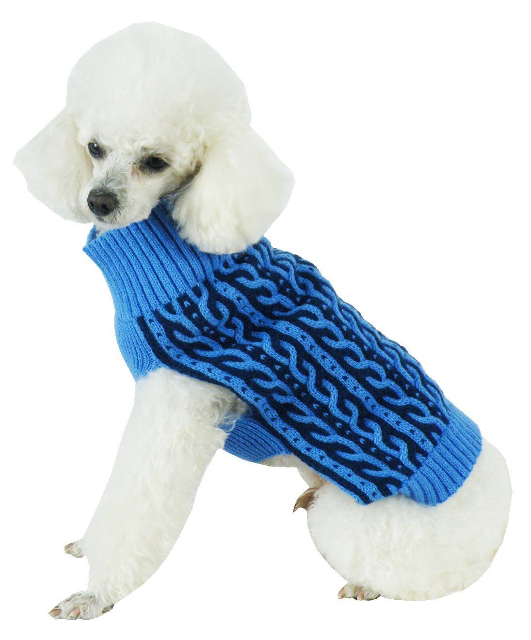 Pet Life ® 'Harmonious' Dual Color Weaved Heavy Cable Knitted Fashion Designer Dog Sweater Aqua Blue And Dark Blue