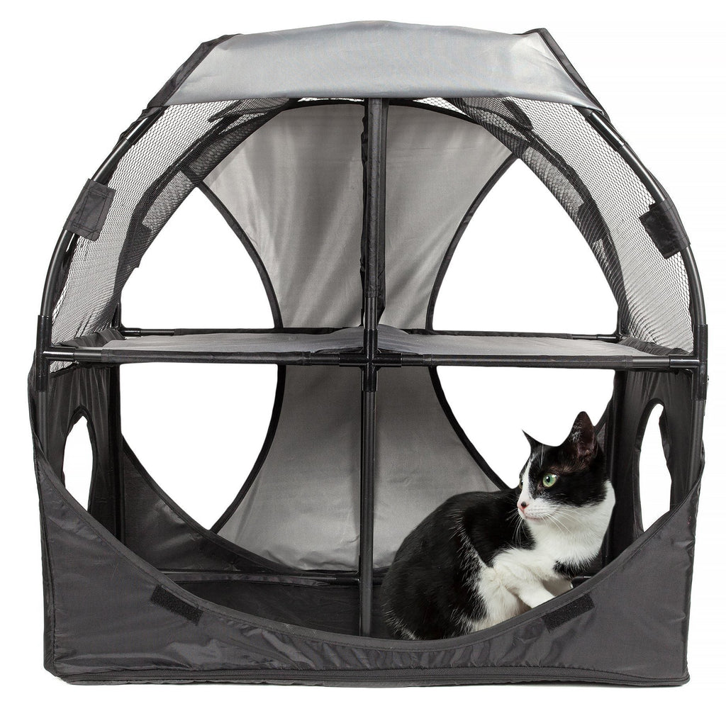 Pet Life ® 'Kitty-Play' Collapsible Travel Interactive Kitty Cat Tree Maze House Lounger Tunnel Lounge Grey, Black