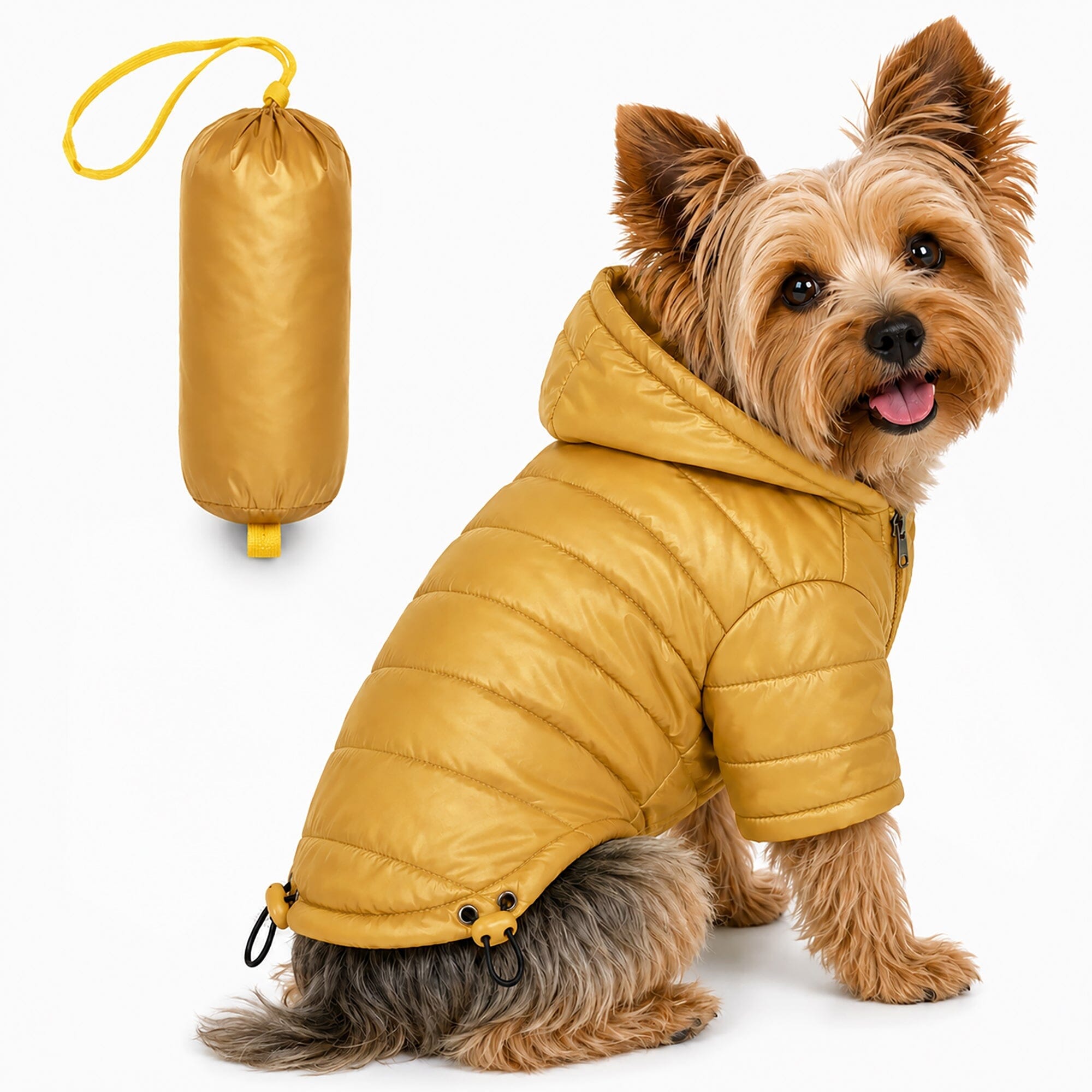 Pet Life ® Lightweight Adjustable and Collapsible 'Sporty Avalanche' Dog Coat w/ Pop-out Zippered Hood Mustard Yellow