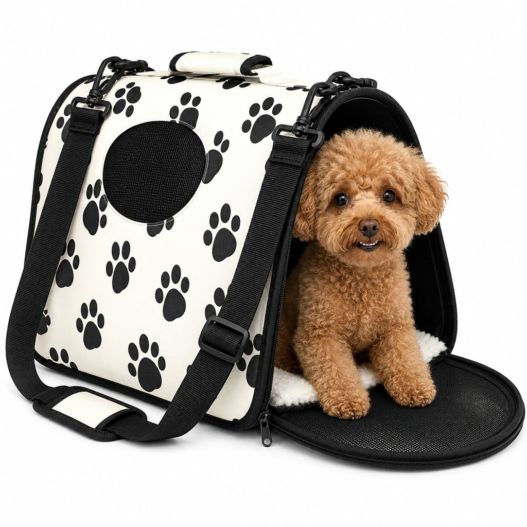 Pet Life ® Paw Patterned Airline Approved Zippered Folding Collapsible Travel Pet Dog Carrier Cream & Black