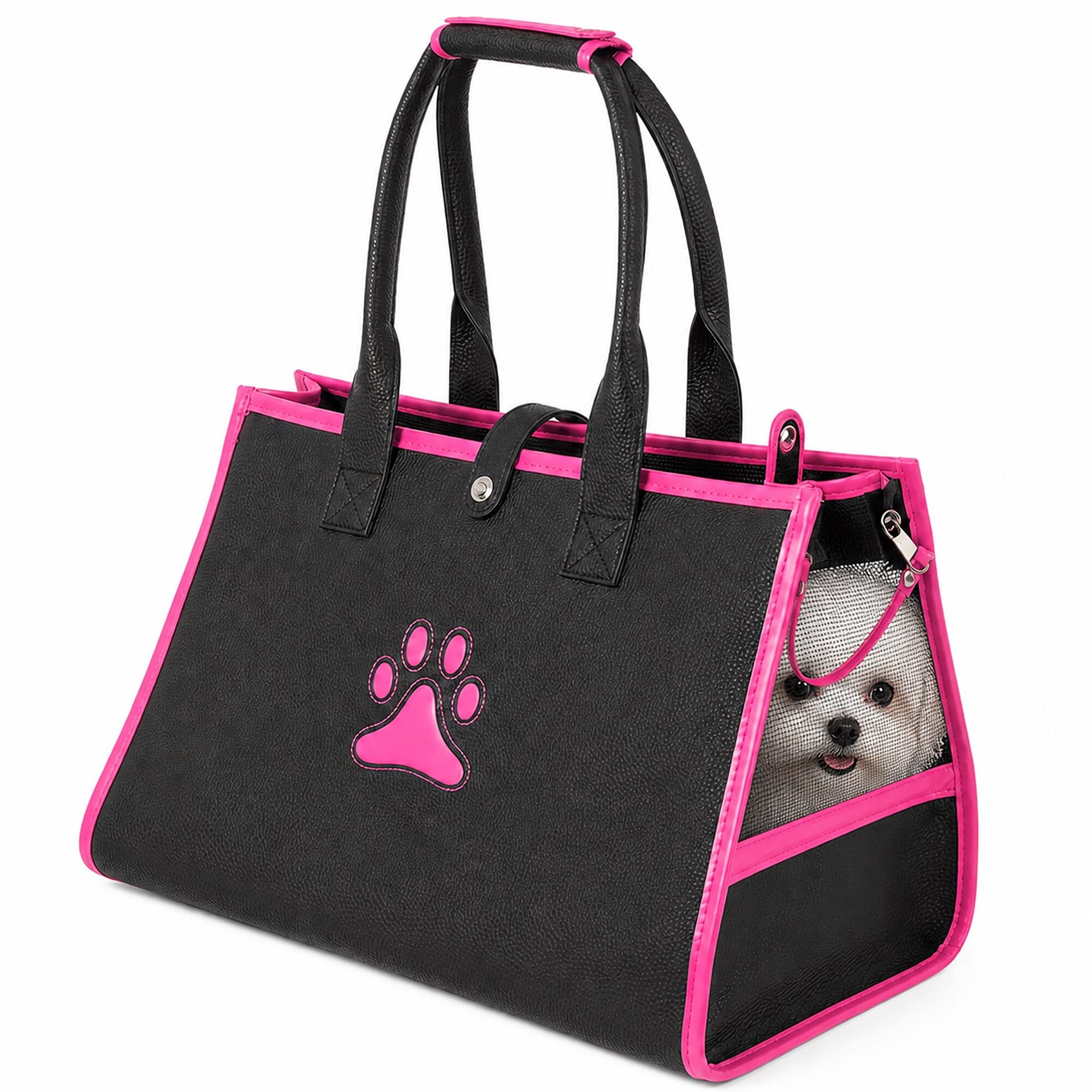 Pet Life ® 'Posh Paw' Elegant Leatherette Designer Fashion Travel Pet Dog Carrier Tote Black & Pink