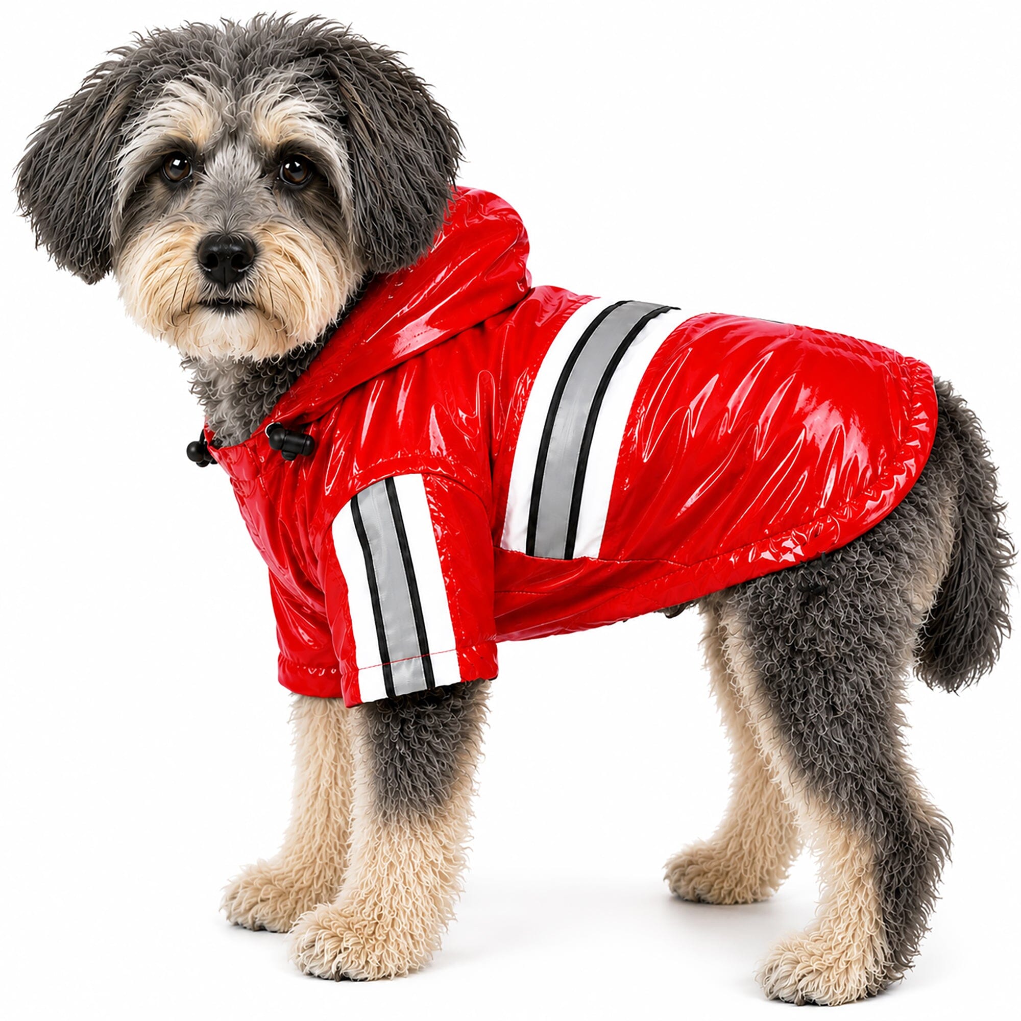 Pet Life ® 'Reflecta-Glow' Reflective Waterproof Adjustable Dog Raincoat Jacket w/ Removable Hood Red