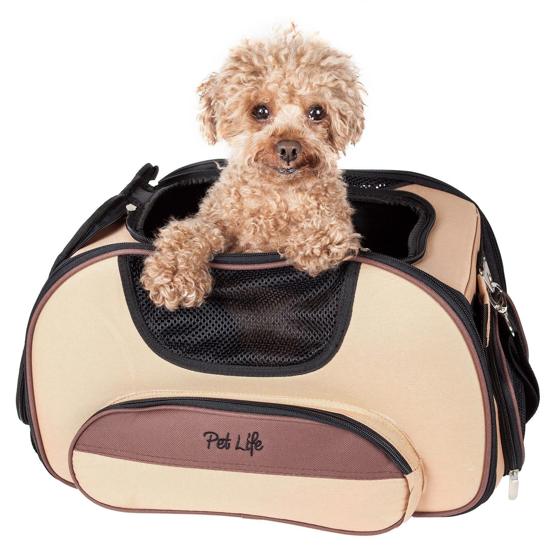 Pet Life ® 'Sky-Max' Airline Approved Designer Sporty Collapsible Travel Fashion Pet Dog Carrier Light Brown