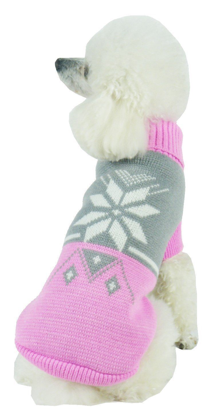 Pet Life ® Snow Flake Cable-Knitted Ribbed Fashion Turtle Neck Dog Sweater Pink And Grey