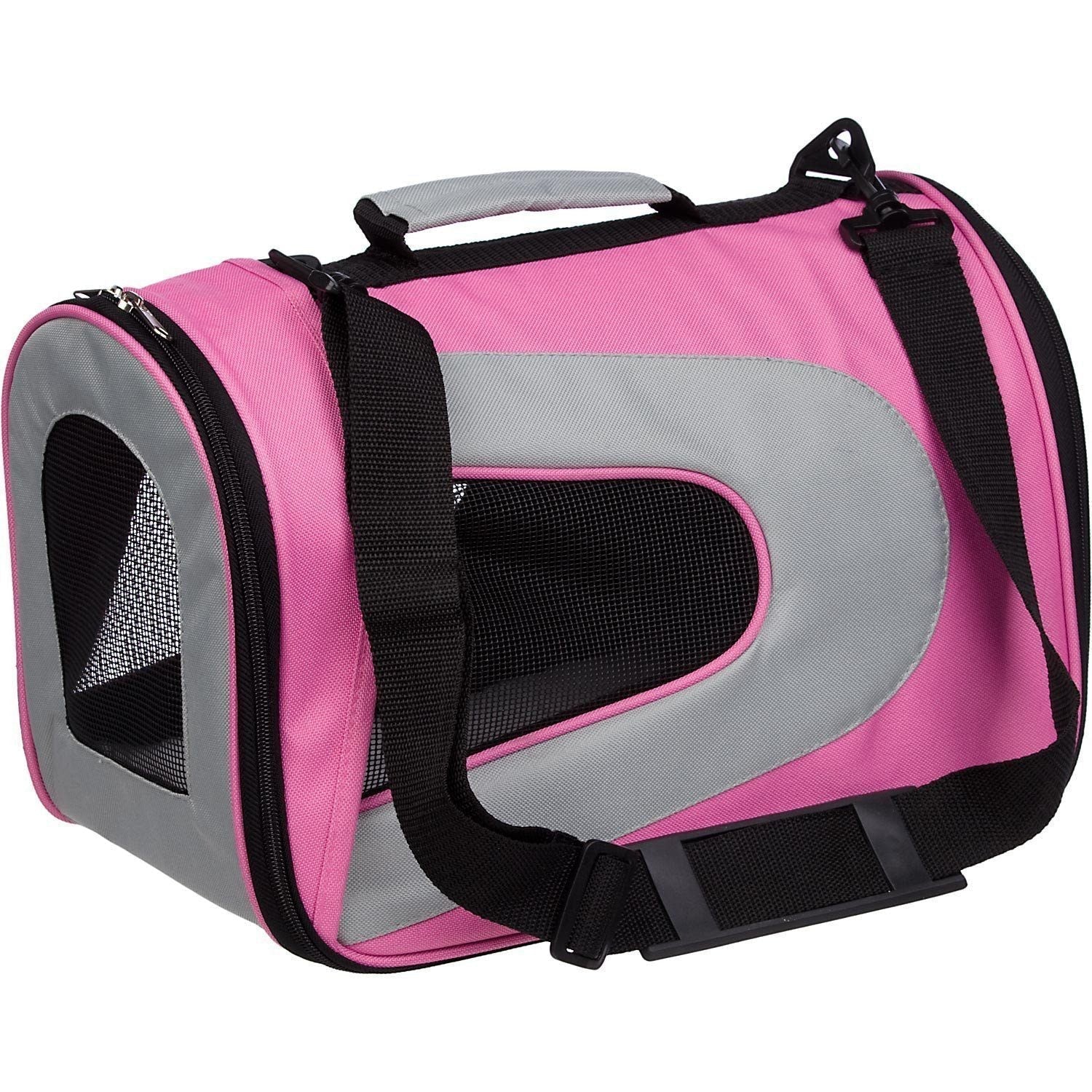 Pet Life ® Sporty Mesh Airline Approved Zippered Folding Collapsible Travel Pet Dog Carrier Pink & Cream