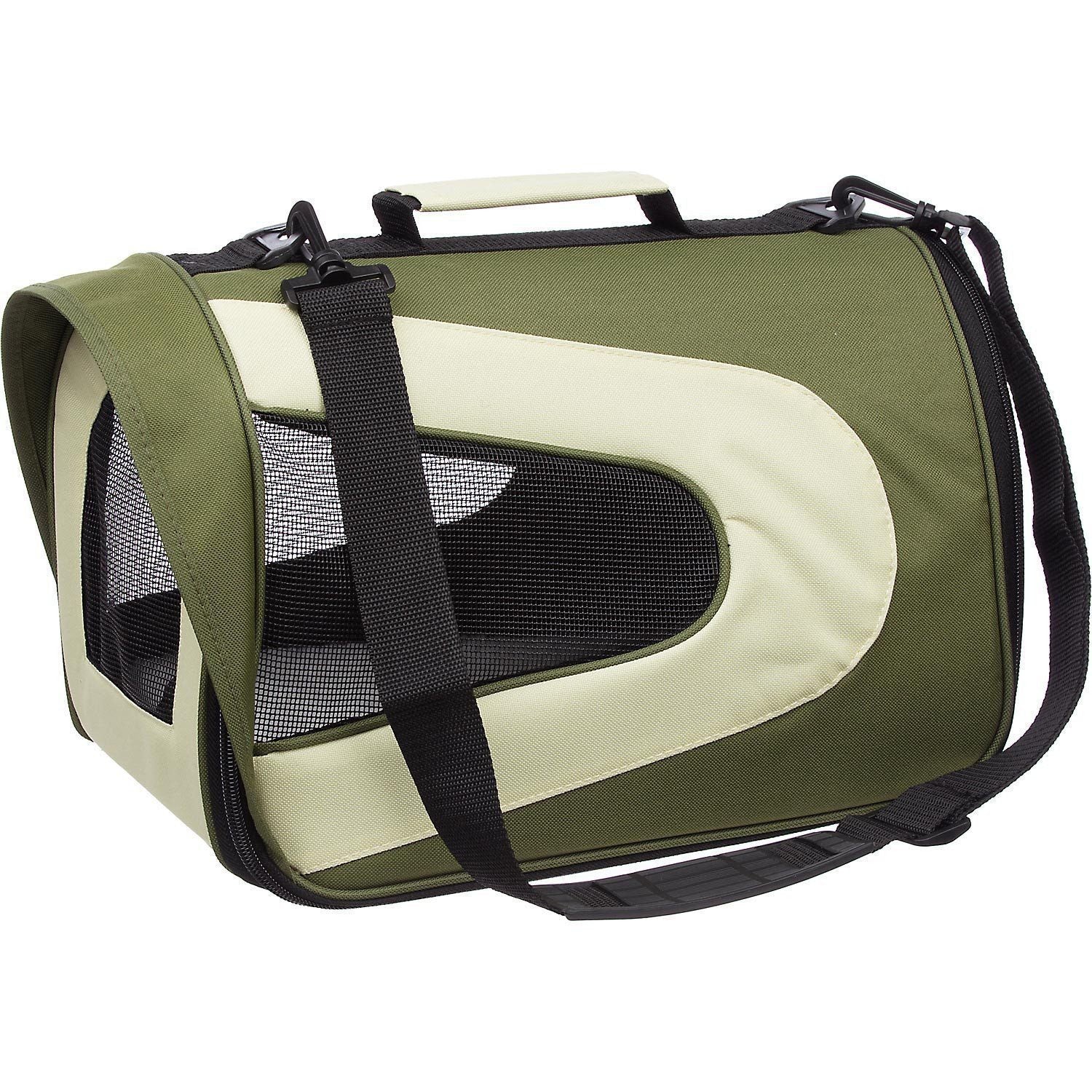 Pet Life ® Sporty Mesh Airline Approved Zippered Folding Collapsible Travel Pet Dog Carrier Green & Khaki