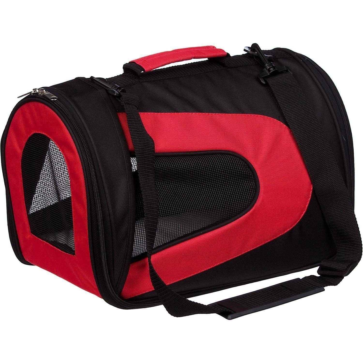 Pet Life ® Sporty Mesh Airline Approved Zippered Folding Collapsible Travel Pet Dog Carrier Red & Black