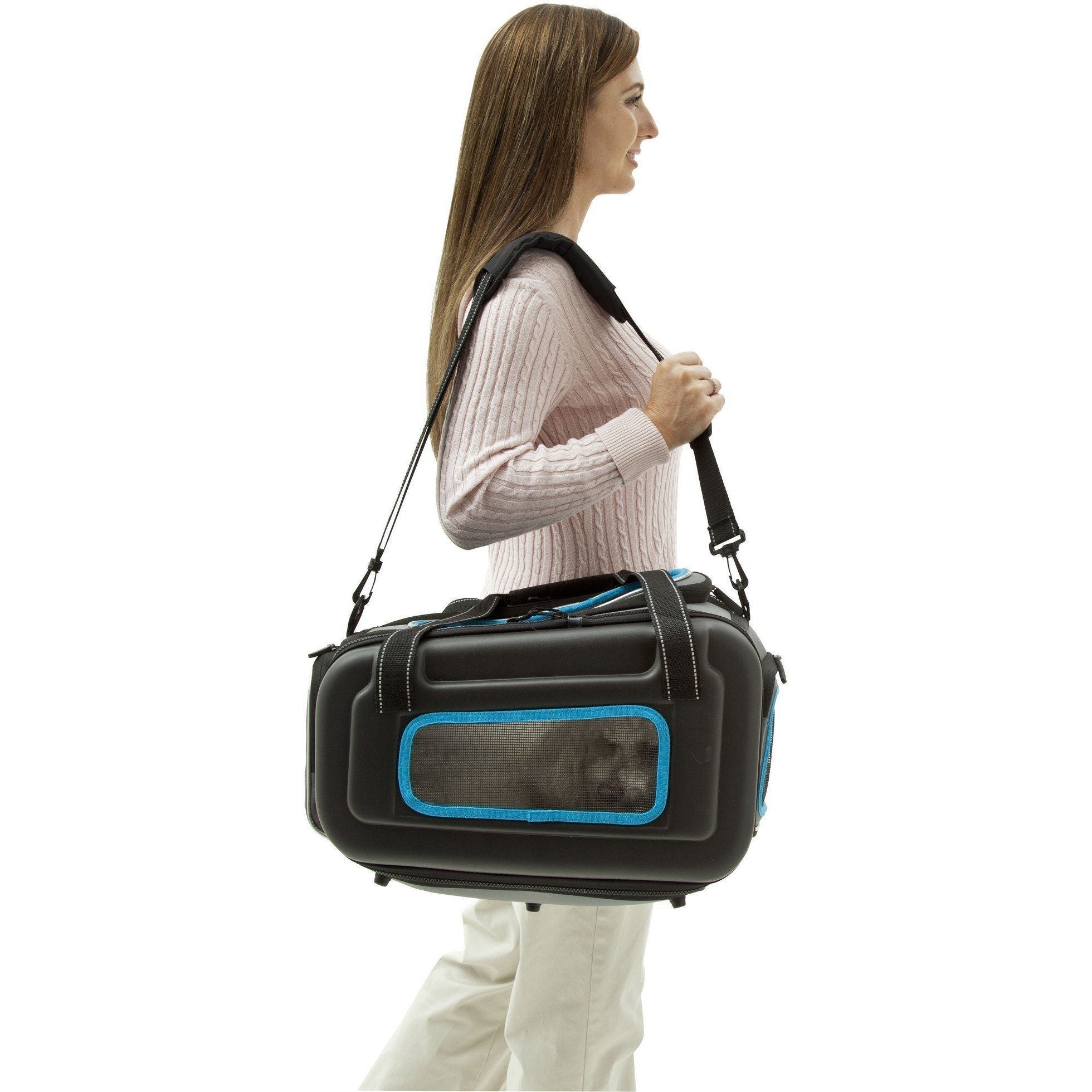 Pet Life ® 'Stow-Away' Airline Approved Ergonomically designed Collapsible Lightweight Travel Pet Dog Carrier Black, Blue