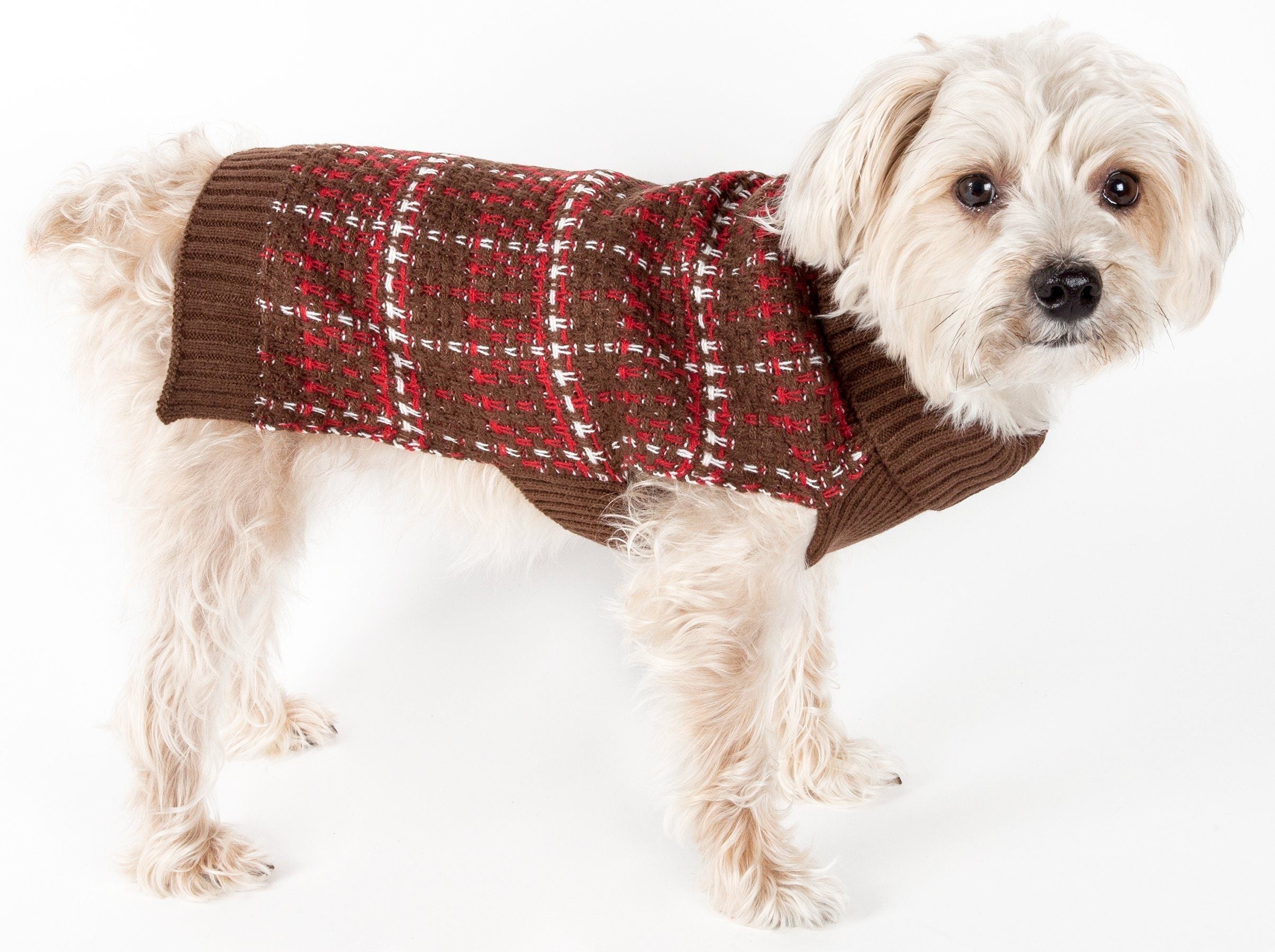 Pet Life ® Vintage Symphony Static Fashion Knitted Designer Dog Sweater Mud Brown, Red And White