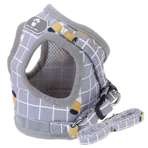 Breathable Mesh Puppy Vest Harness & Leash – Reflective | XS–XL | 5 Styles Gray Checkered