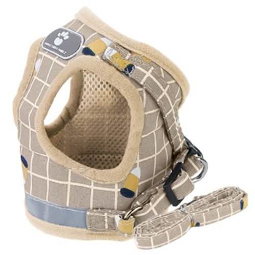 Breathable Mesh Puppy Vest Harness & Leash – Reflective | XS–XL | 5 Styles Khaki Checkered