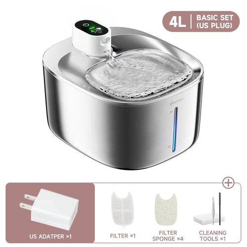 4L Wireless Cat Water Fountain - Auto Sensor Pet Drinking Fountain with Battery | Stainless Steel Cordless Water Dispenser for Dogs & Cats Us Plug (366_200008946) 4L (366_200008946)