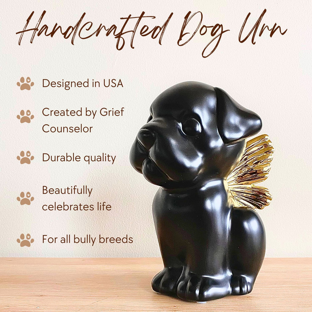 Bully Angel Dog Urn - Onyx with Gold Wings (Great for all bully breeds: Frenchies, Pugs, Boston terriers, Pit bulls, Boxers, and Bulldogs)