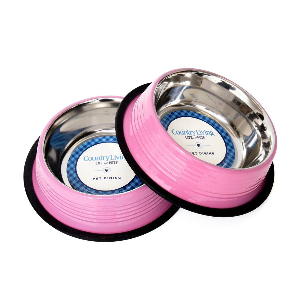 Country Living Set of 2 Ribbed Non-Slip Pet Bowls – Carnation Pink 64 oz