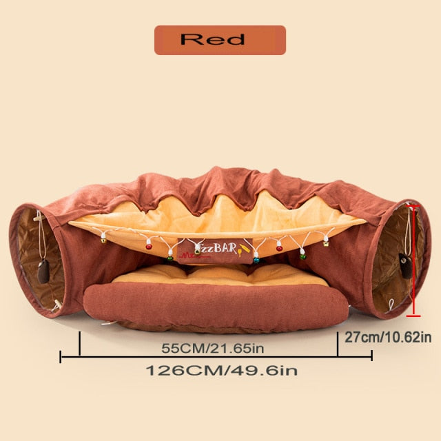Collapsible Removable Cat Tunnel Tube With Cat Bed Set Red