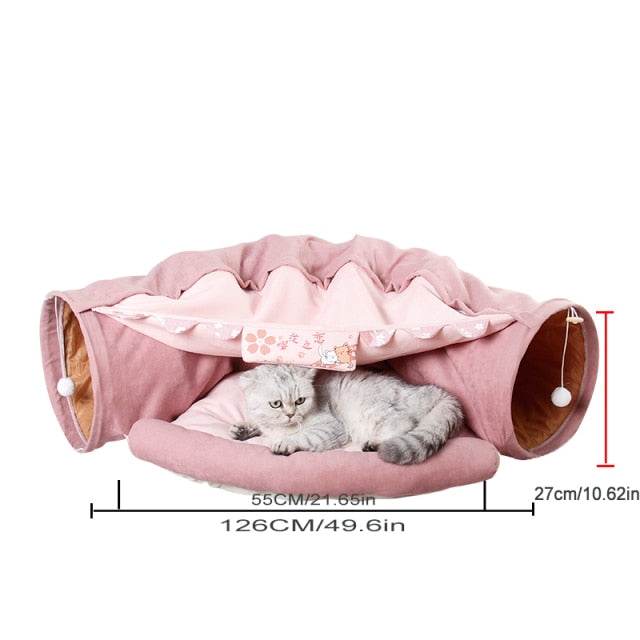 Collapsible Removable Cat Tunnel Tube With Cat Bed Set Pink