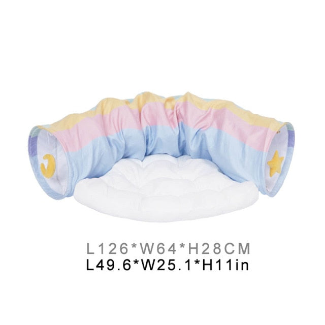 Collapsible Removable Cat Tunnel Tube With Cat Bed Set Rainbow