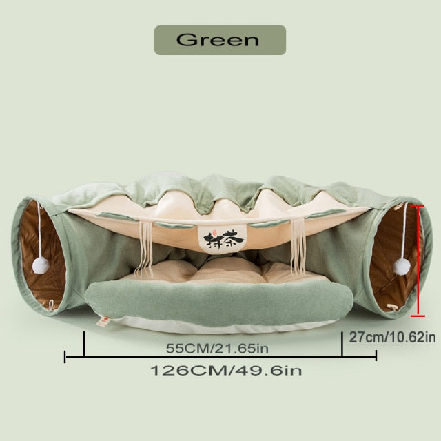 Collapsible Removable Cat Tunnel Tube With Cat Bed Set Light Green