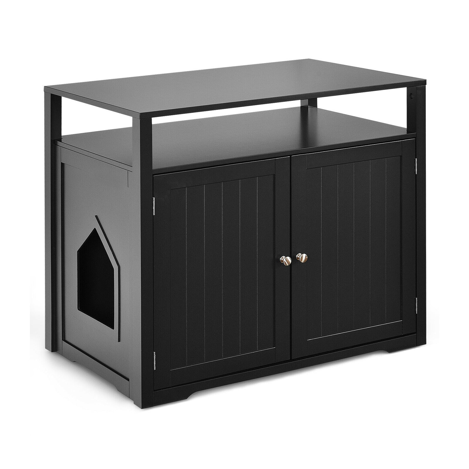 Wooden Cat Litter Box Enclosure Hidden Cat Washroom with Storage Layer Black