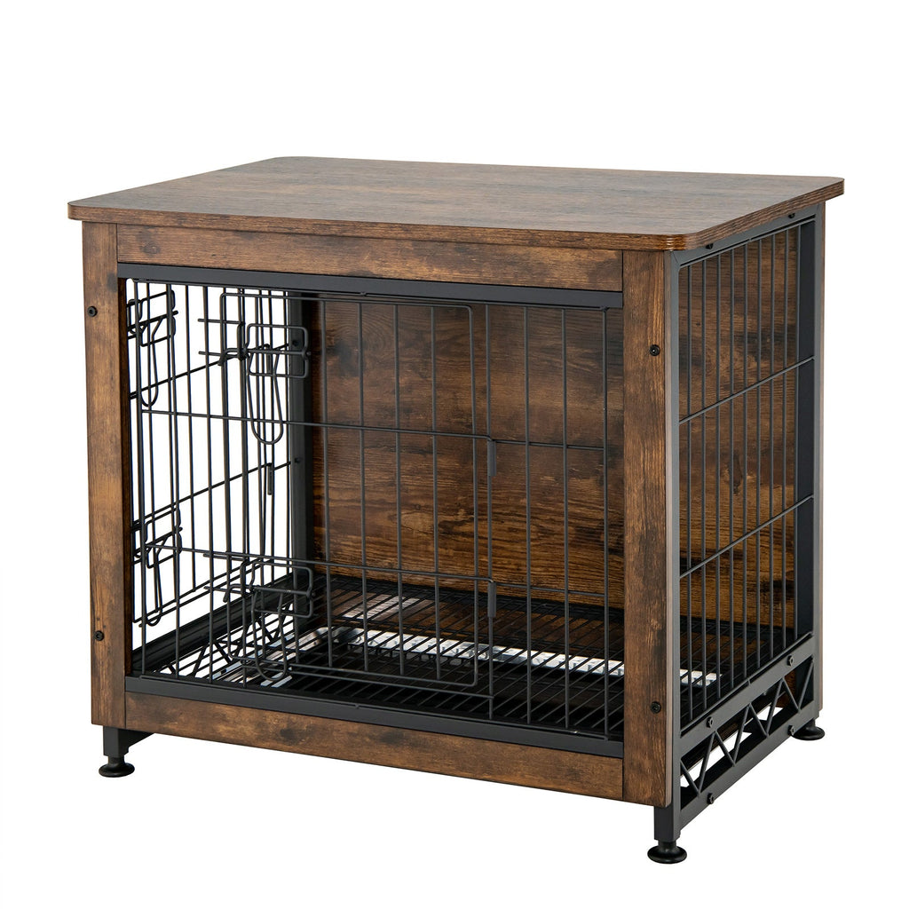Wooden Dog Crate Furniture with Tray and Double Door-Brown Default Title