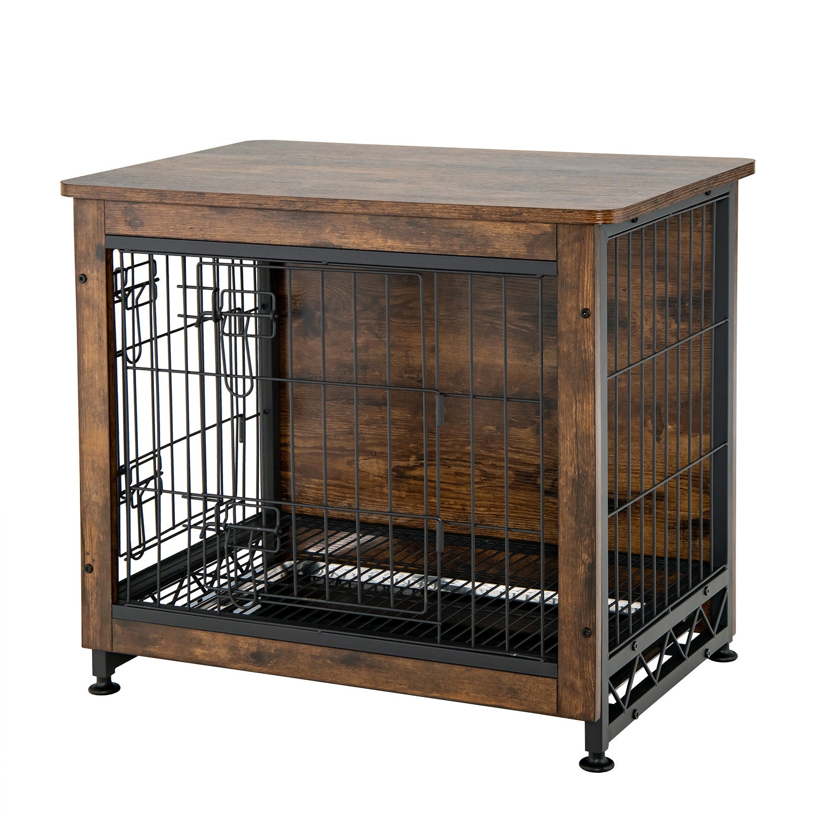 Wooden Dog Crate Furniture with Tray and Double Door-Brown Default Title