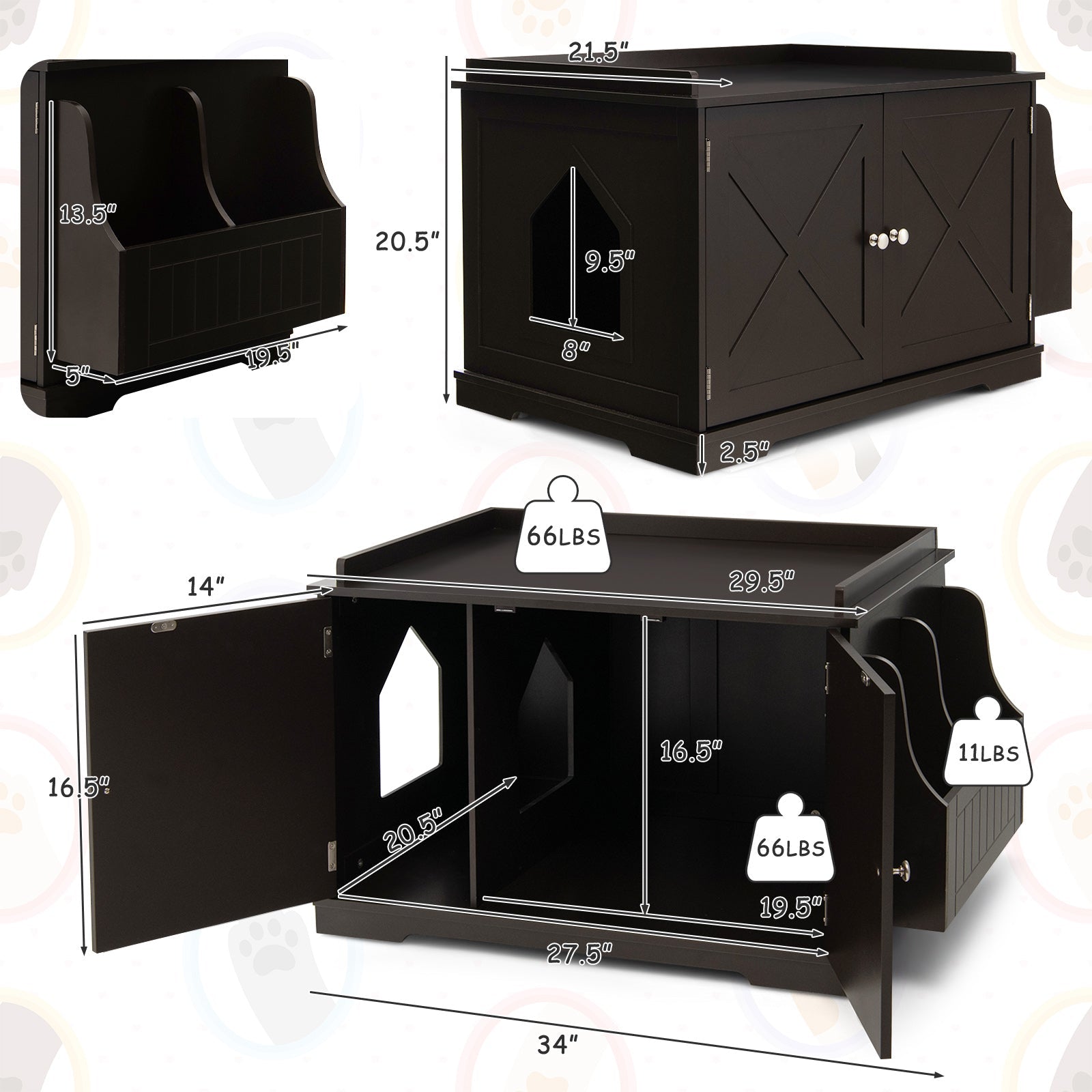 Large Wooden Cat Litter Box Enclosure with the Storage Rack