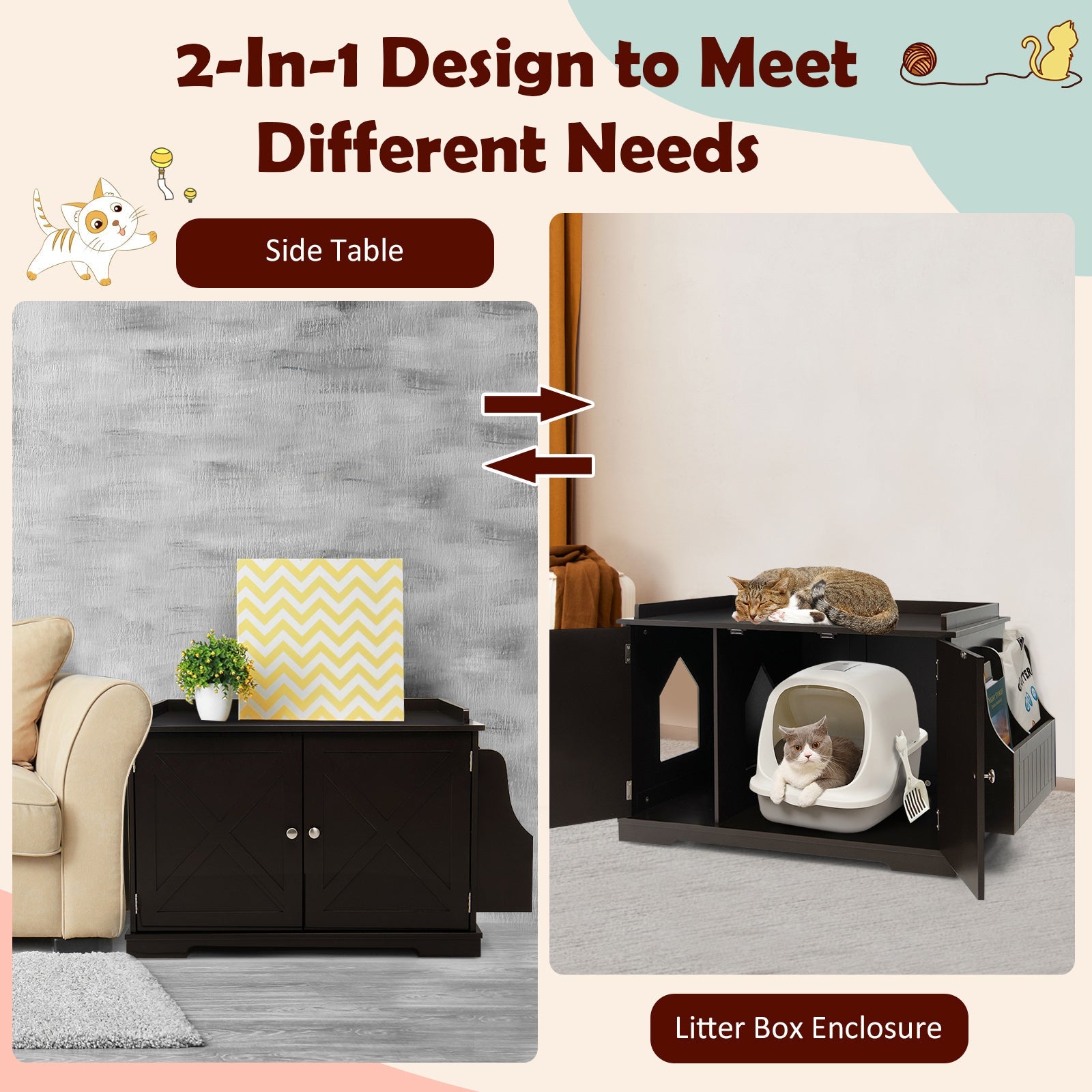 Large Wooden Cat Litter Box Enclosure with the Storage Rack