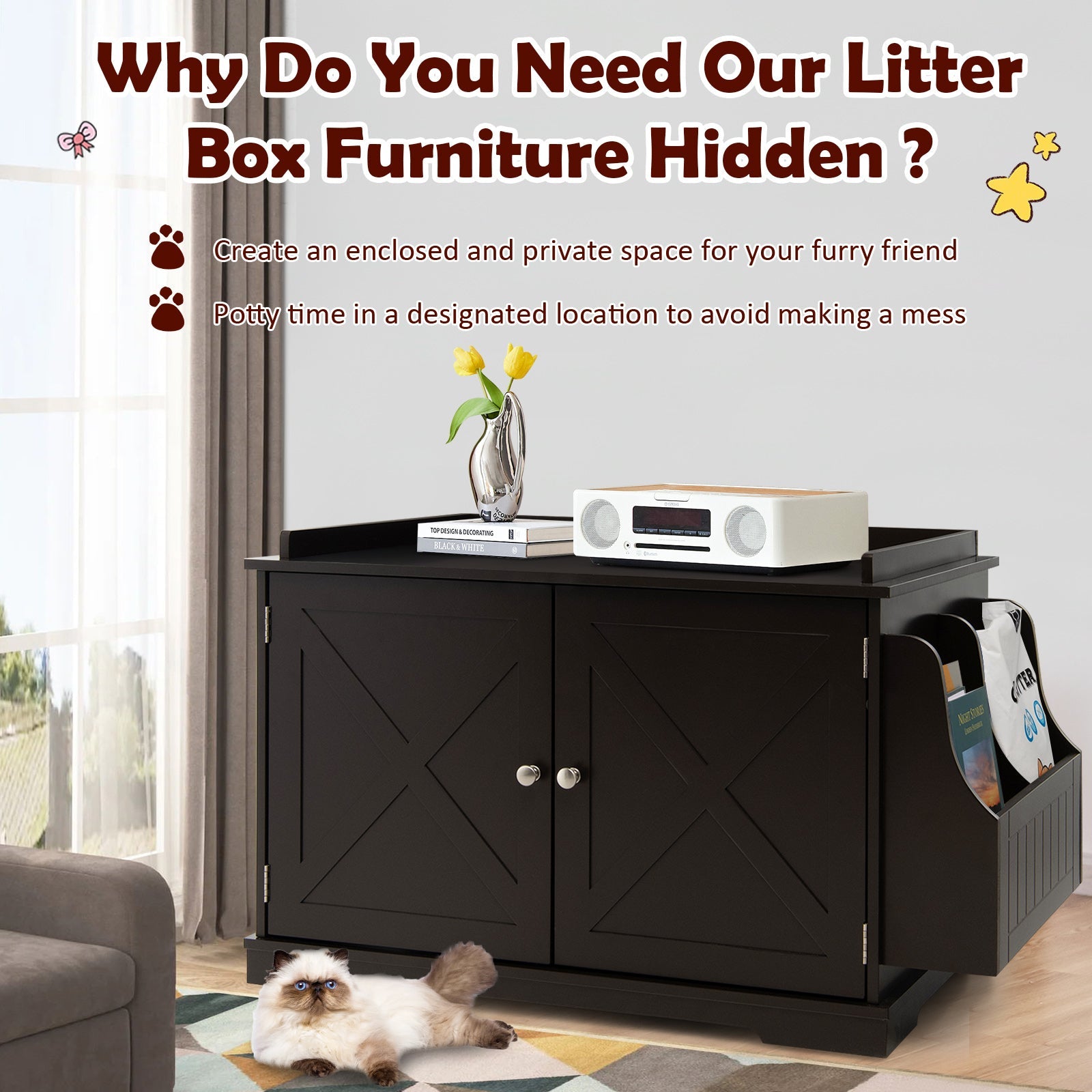 Large Wooden Cat Litter Box Enclosure with the Storage Rack