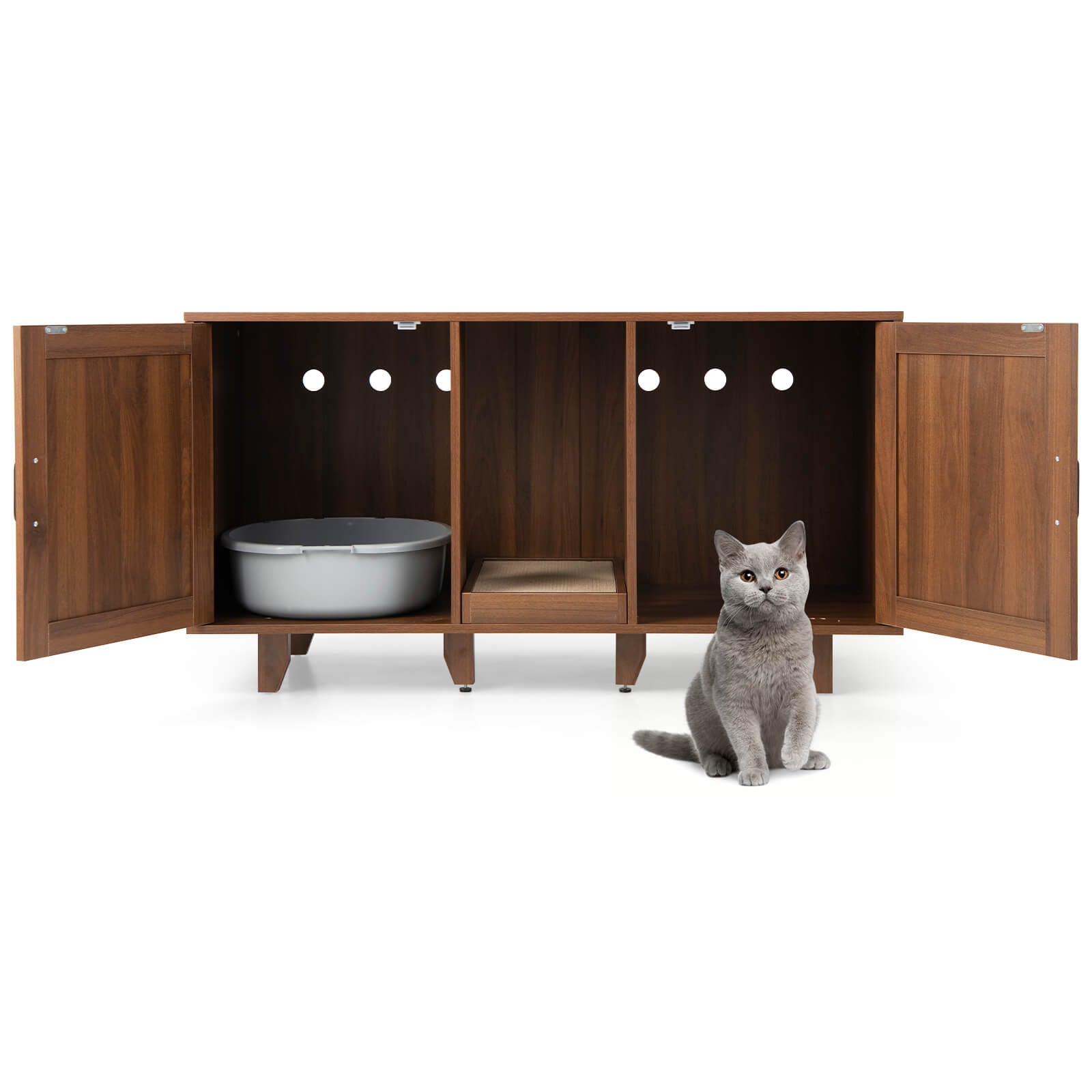 2-Door Cat Litter Box Enclosure with Winding Entry and Scratching Board Brown