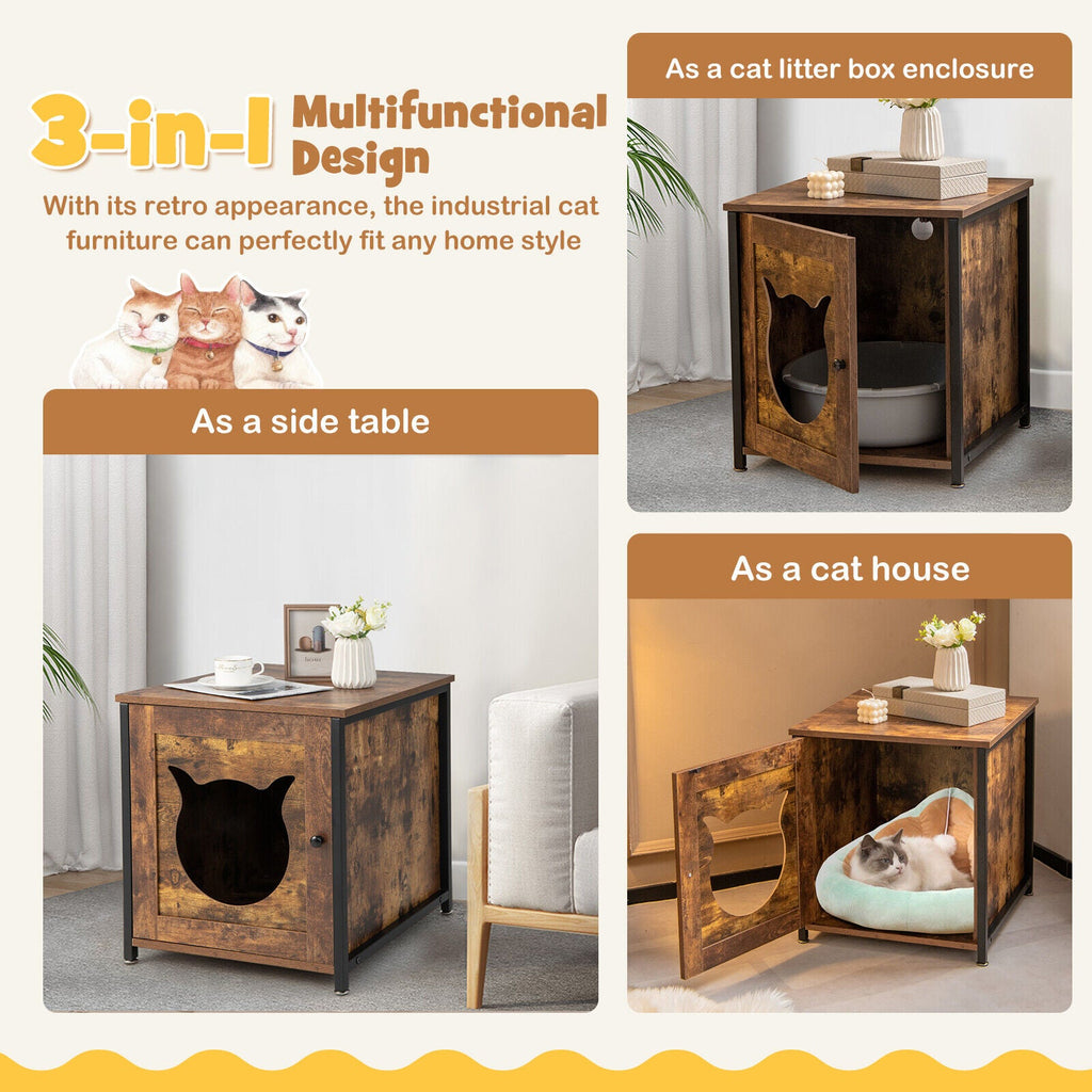 Cat Litter Box Enclosure with Door and Ventilated Hole-Brown Default Title