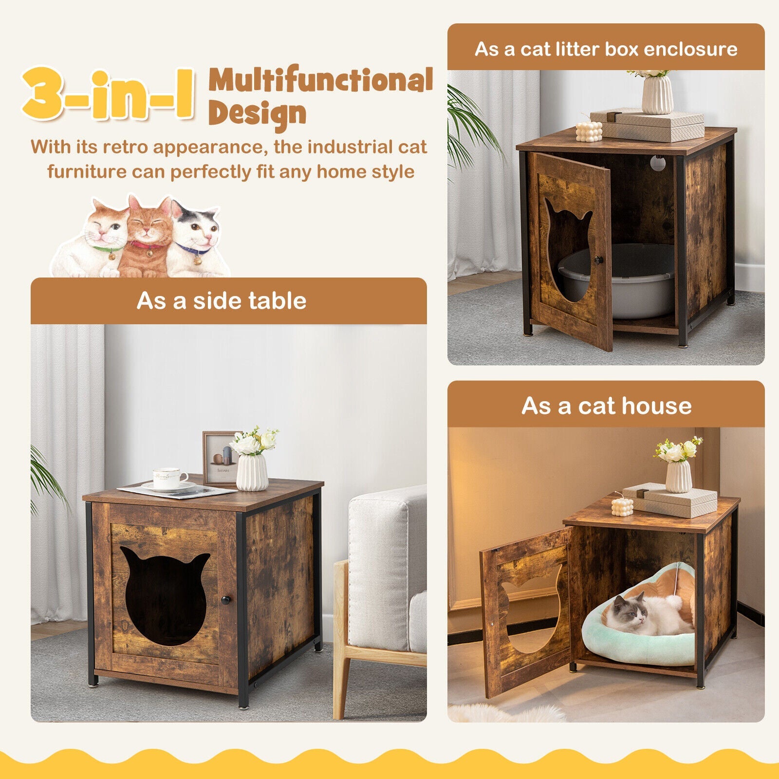 Cat Litter Box Enclosure with Door and Ventilated Hole-Brown Default Title