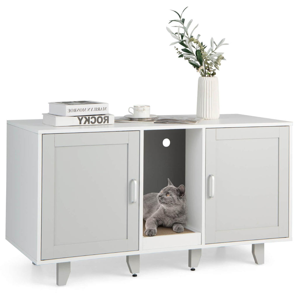 2-Door Cat Litter Box Enclosure with Winding Entry and Scratching Board Gray