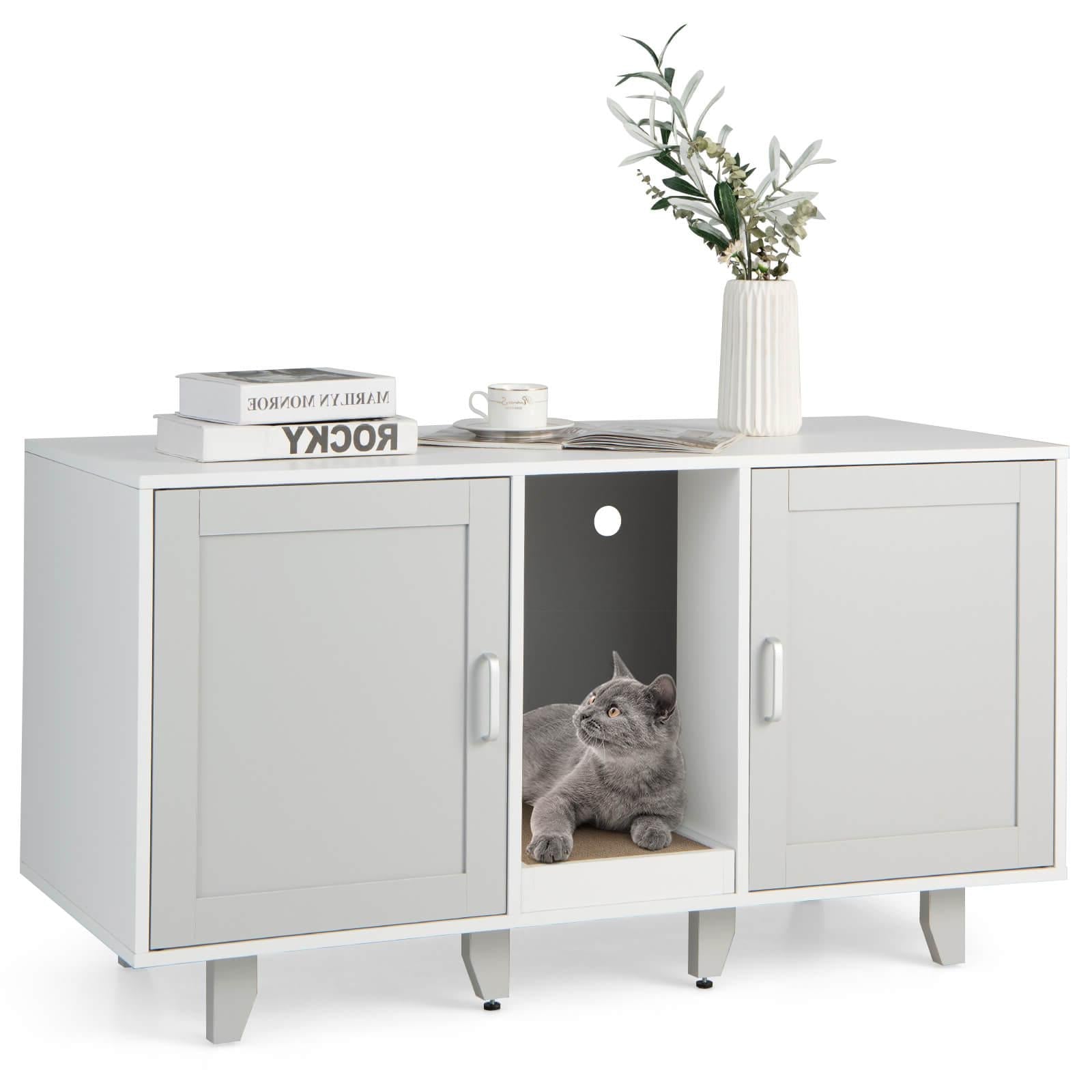 2-Door Cat Litter Box Enclosure with Winding Entry and Scratching Board Gray