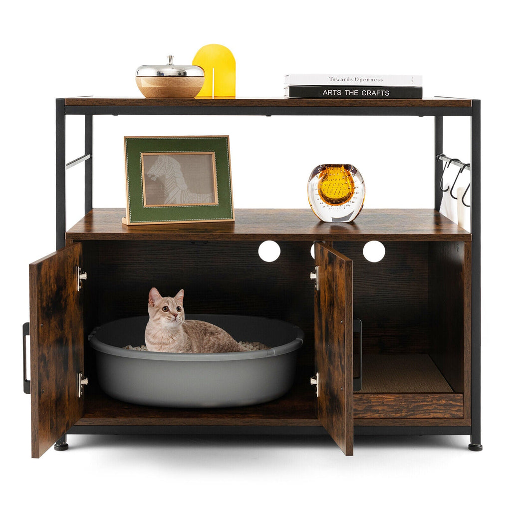 Wooden Cat Box Cabinet with with Metal Frame and Scratching Pad-Rustic Brown Default Title