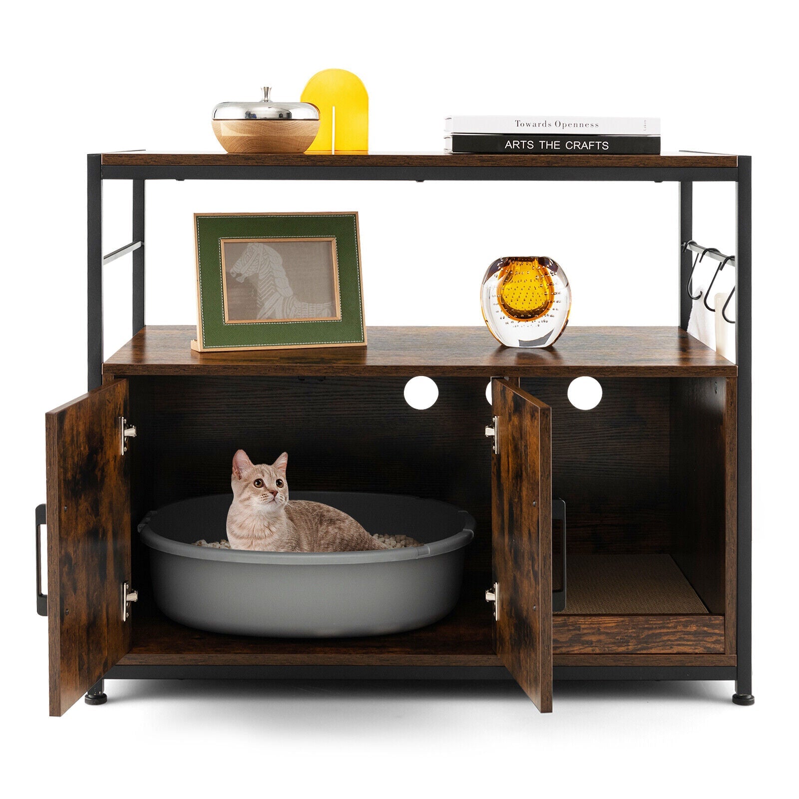 Wooden Cat Box Cabinet with with Metal Frame and Scratching Pad-Rustic Brown Default Title