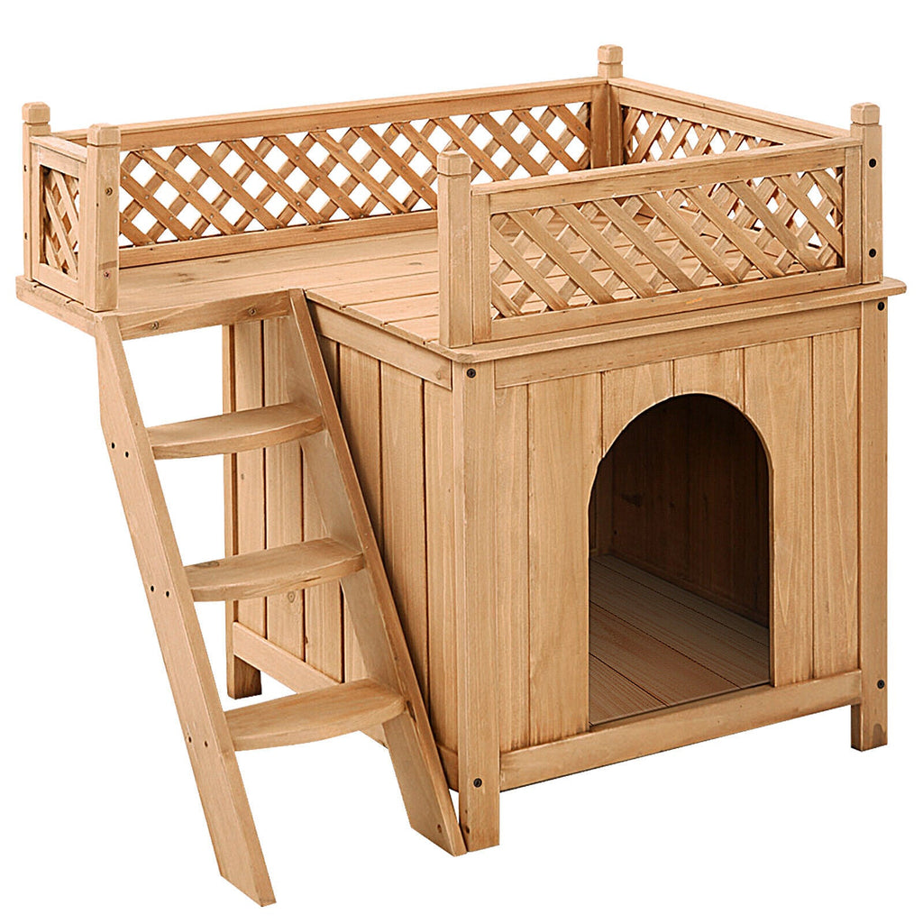 Wooden Dog House with Stairs and Raised Balcony for Puppy and Cat Default Title