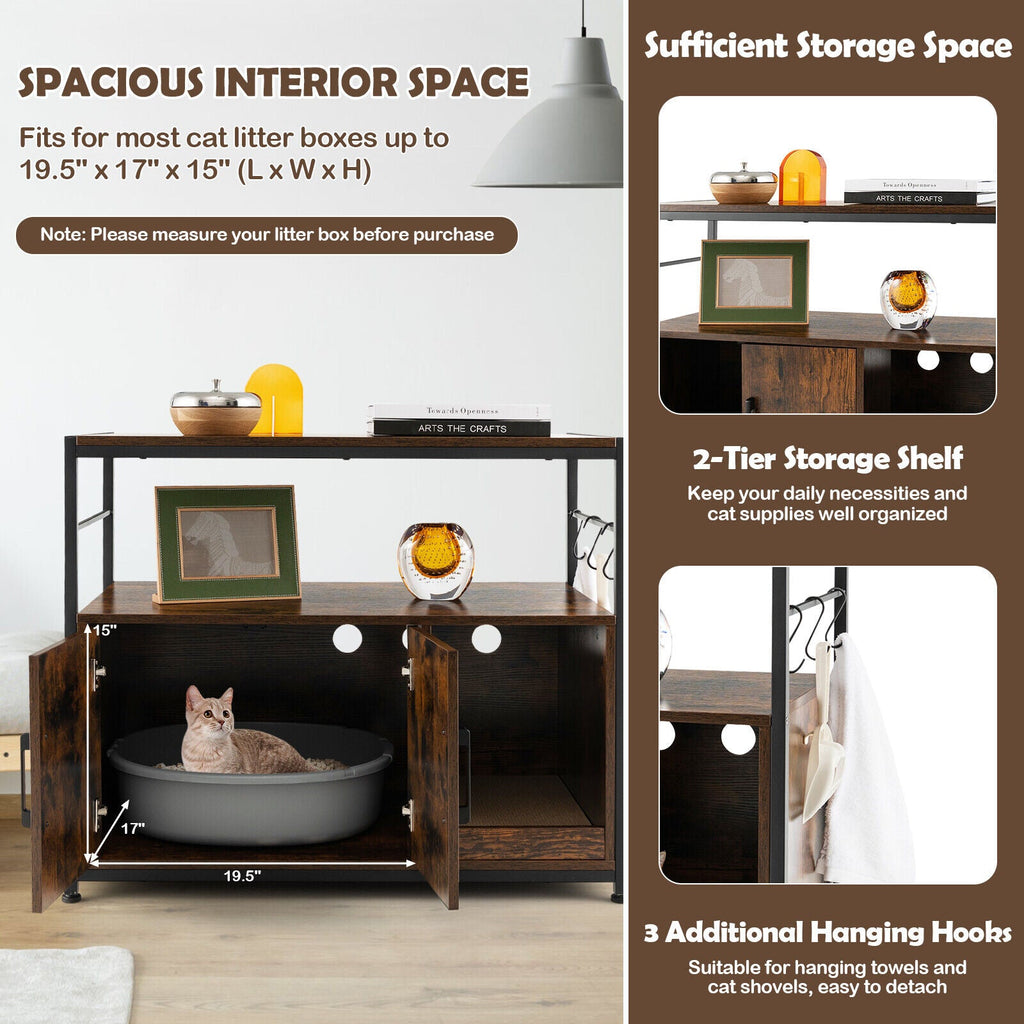 Wooden Cat Box Cabinet with with Metal Frame and Scratching Pad-Rustic Brown