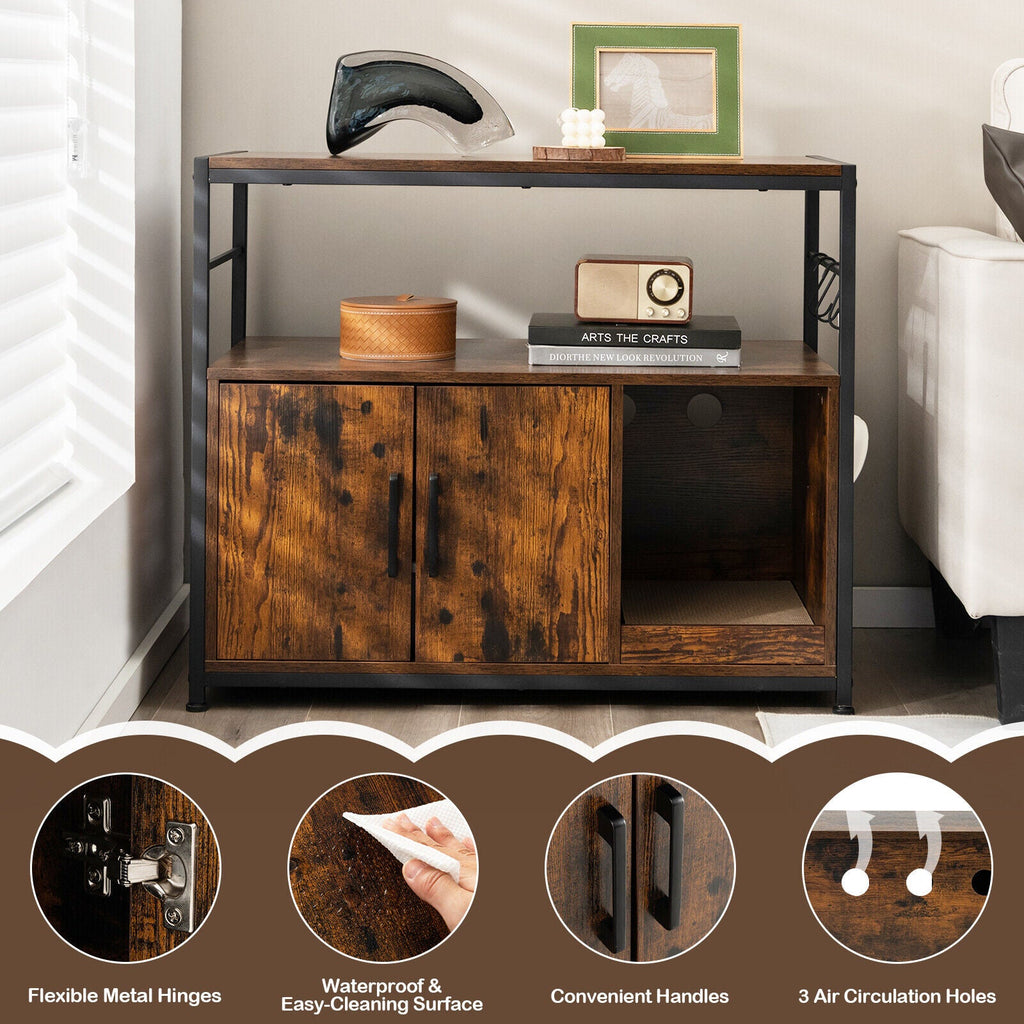Wooden Cat Box Cabinet with with Metal Frame and Scratching Pad-Rustic Brown