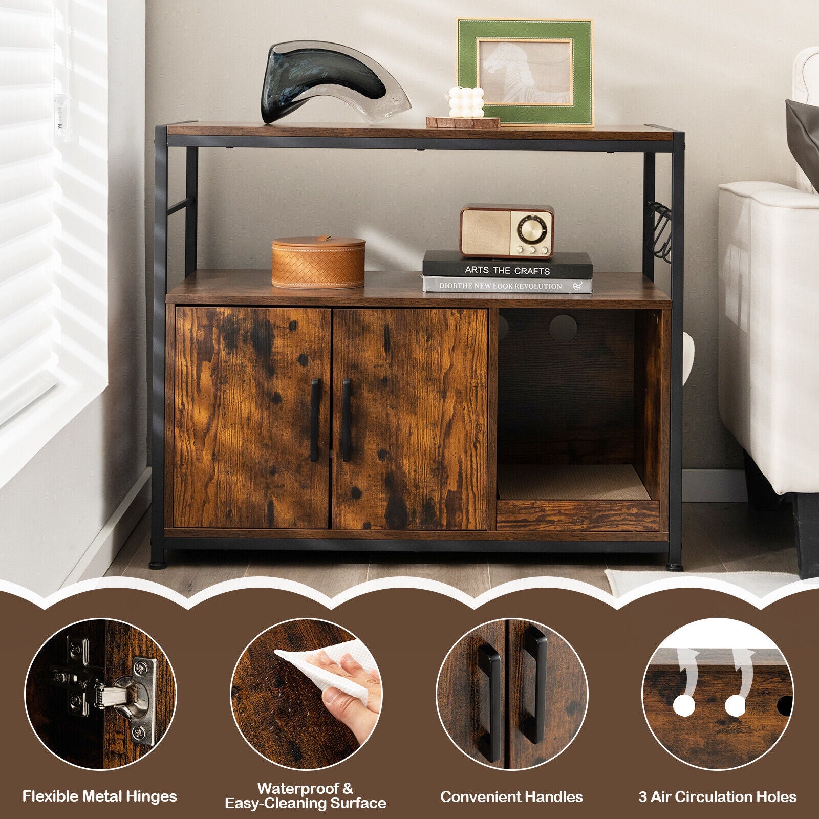 Wooden Cat Box Cabinet with with Metal Frame and Scratching Pad-Rustic Brown