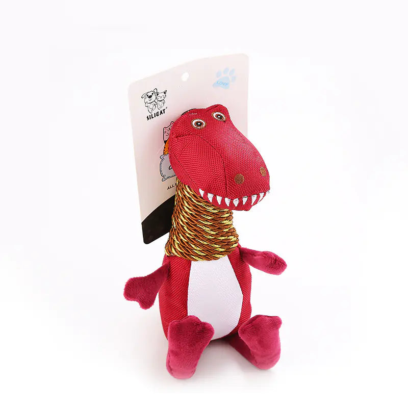 Plush Dinosaur Dog Toy with Sound and Chew Features Red