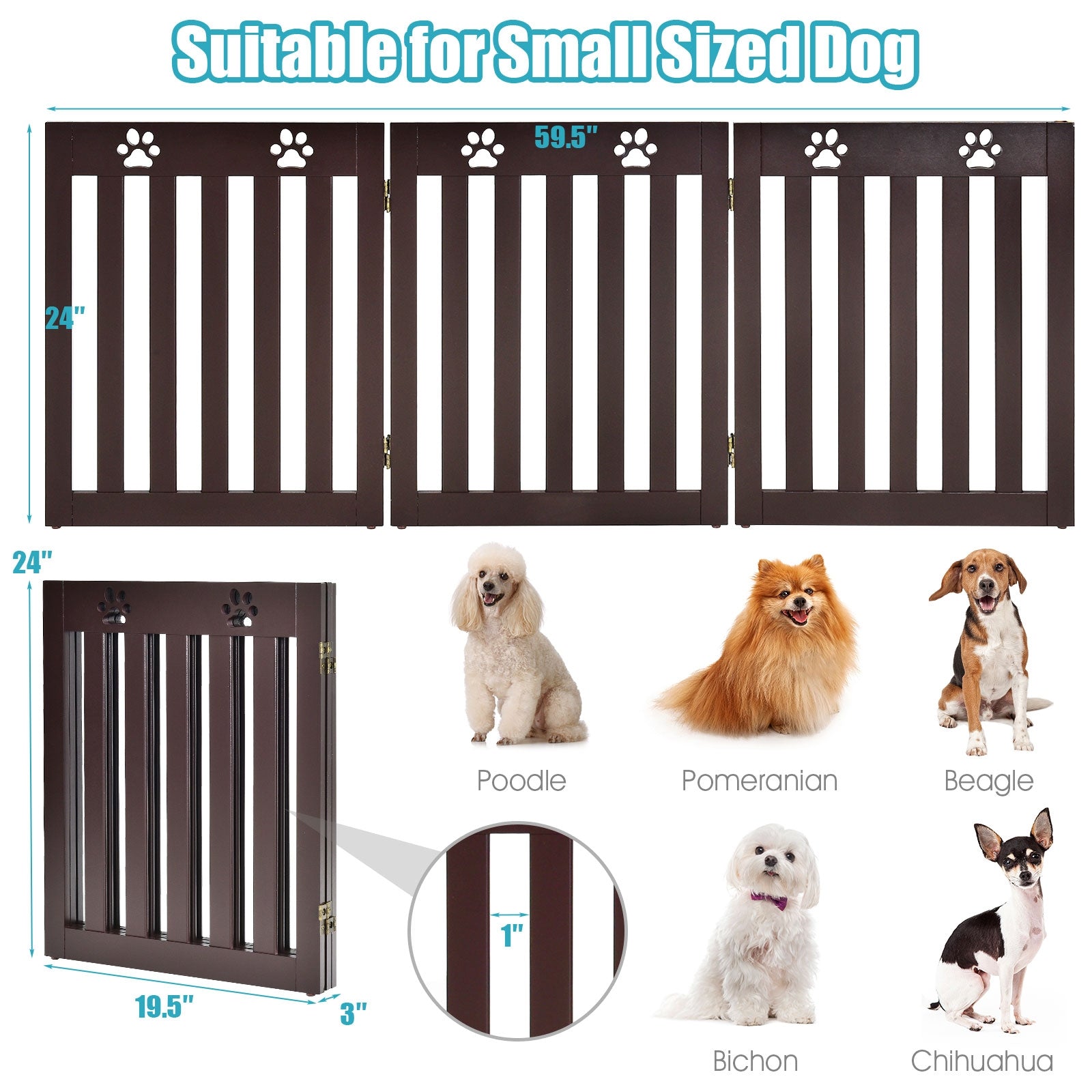 24 Inch Folding Wooden Freestanding Dog Gate with 360¬∞ Flexible Hinge for Pet