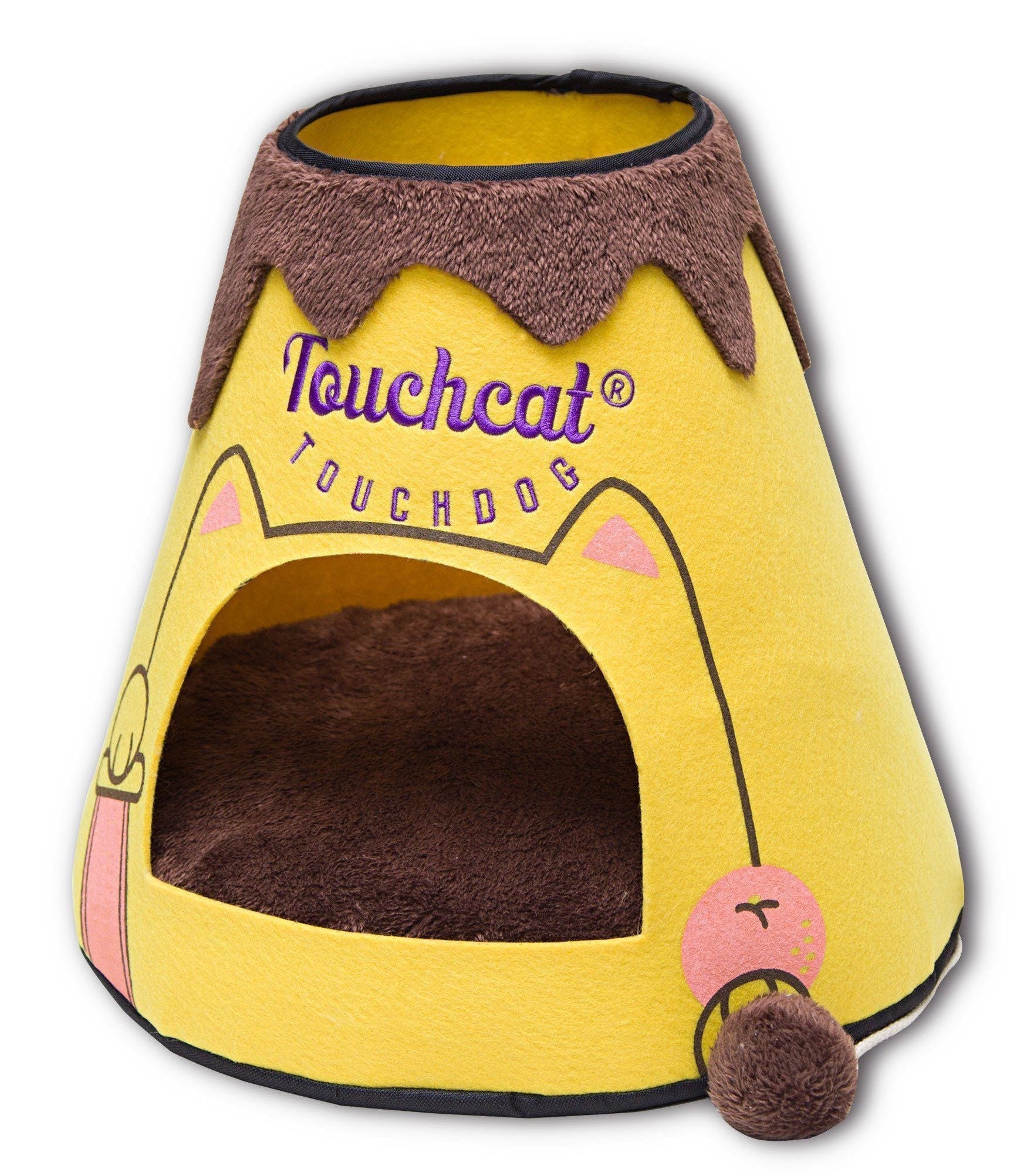 Touchcat ® 'Molten Lava' Triangular Frashion Designer Pet Kitty Cat Bed House Lounge Lounger w/ Hanging Teaser Toy Yellow Brown