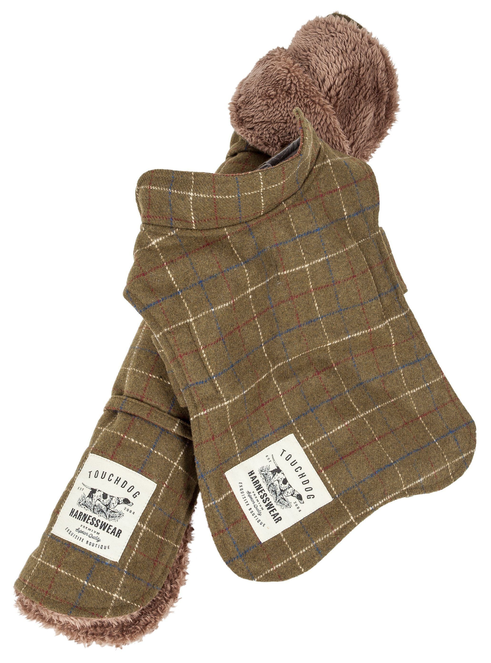 Touchdog ® 2-In-1 Windowpane Plaid Dog Jacket and Matching Reversible Dog Mat Olive Green Plaid