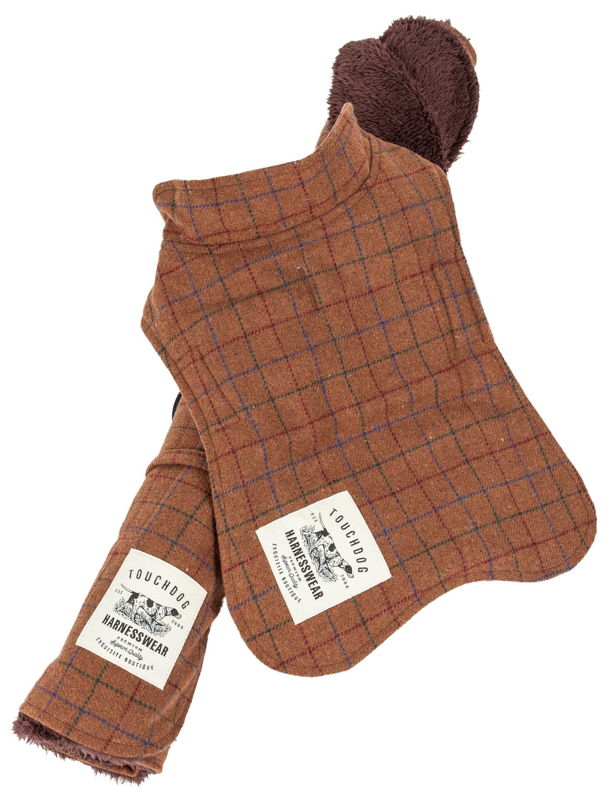 Touchdog ® 2-In-1 Windowpane Plaid Dog Jacket and Matching Reversible Dog Mat Brown Plaid