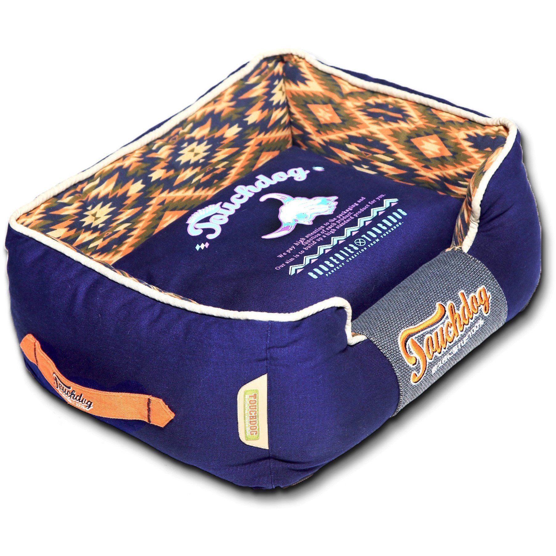 Touchdog ® '70's Vintage-Tribal' Rectangular-Boxed Designer Dog Bed Midnight Blue, Sandalwood