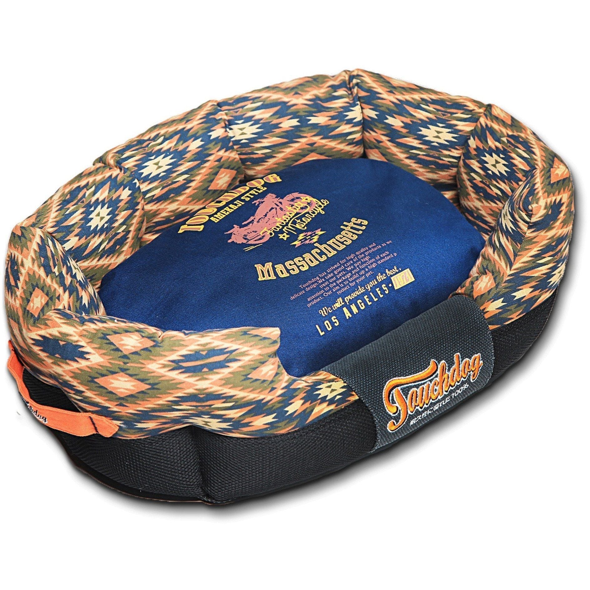 Touchdog ® '70's Vintage-Tribal' Ultra-Plush Rectangular Rounded Dog Bed Midnight Blue, Sandalwood