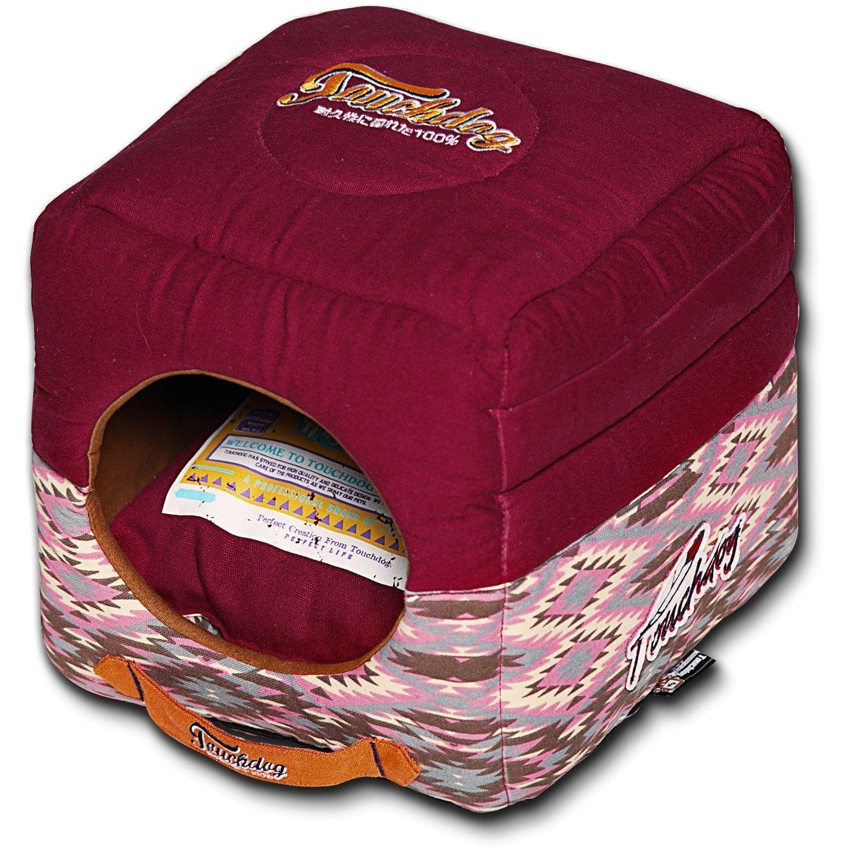 Touchdog ® '70's Vintage-Tribal' 2-in-1 Collapsible Squared Dog and Cat Bed Sangria Pink