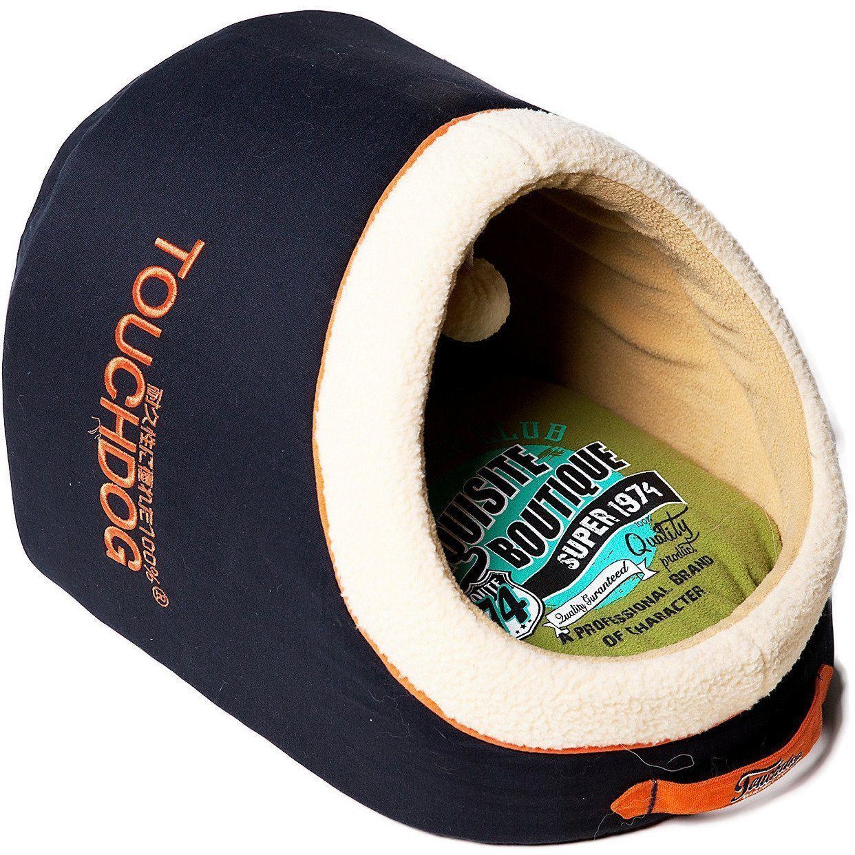 Touchdog ® 'Active-Play' Vintage Emblem Panoramic Cat Bed w/ Teaser Toy Royal Blue, Olive Green, Orange